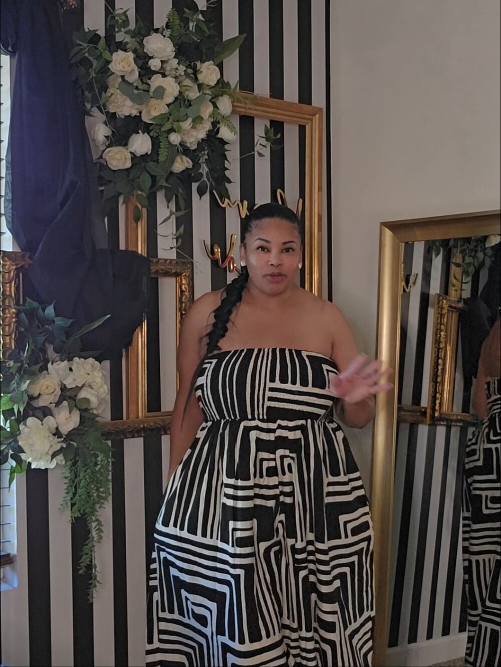 Belt Not Included!  Black & White Strapless Geometric Jumpsuit